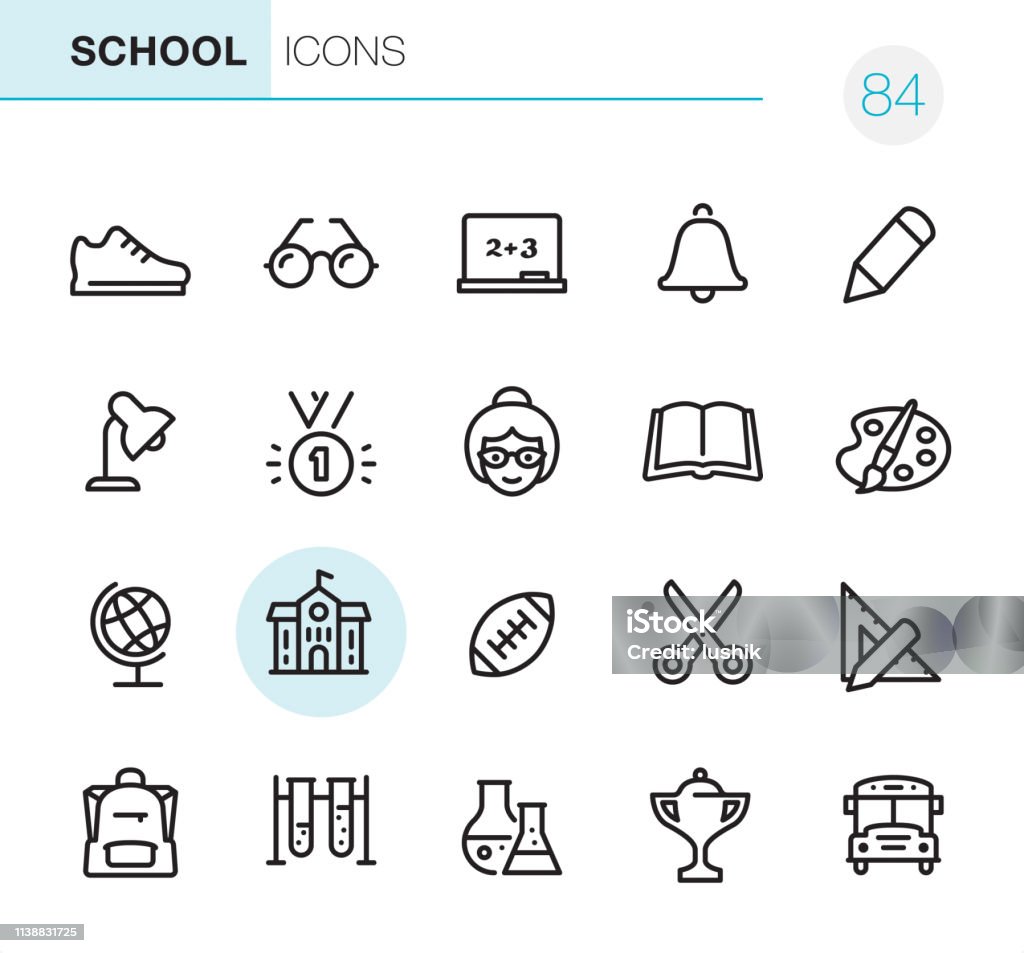 School - Pixel Perfect icons 20 Outline Style - Black line - Pixel Perfect icons / School Set #84
Icons are designed in 48x48pх square, outline stroke 2px.

First row of outline icons contains: 
Sports Shoe, Eyeglasses, Blackboard, Bell, Pencil;

Second row contains: 
Desk Lamp, First Place Medal, Teacher, Book, Drawing;

Third row contains: 
Desktop Globe, School Building, Rugby, Scissors, Ruler & Pencil; 

Fourth row contains: 
Backpack, Test Tube, Chemistry, Trophy, School Bus.

Complete Primico collection - https://www.istockphoto.com/collaboration/boards/NQPVdXl6m0W6Zy5mWYkSyw Icon Symbol stock vector