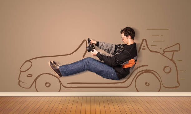 istock Happy man driving an hand drawn car on the wall 1138832033
