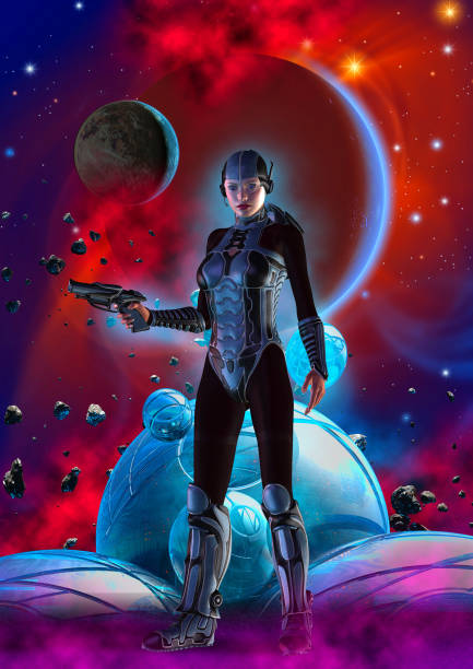 istock Futuristic woman soldier, armed with gun, 3d illustration 1138832653