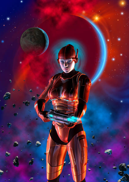 istock Futuristic woman soldier, armed with gun, 3d illustration 1138832661
