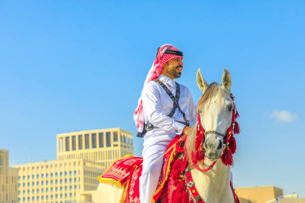 police riding in doha center - horse arabian horse arabia white imagens e fotografias de stock