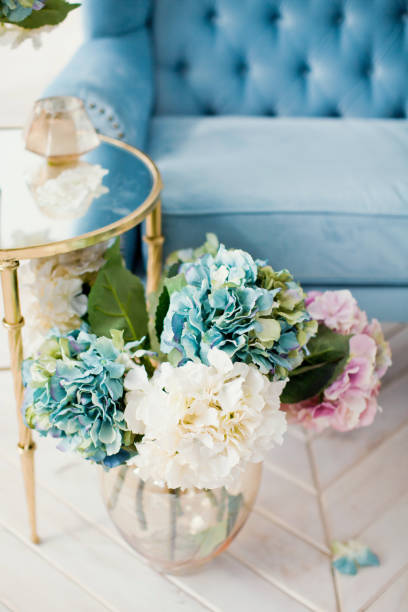 istock vintage blue sofa and bouquets of hydrangea 1138832774