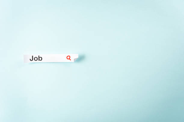 concept of job search on blue background. paper label like a web input form with the word "job" and blank empty space for text. - recruitment searching job search discovery imagens e fotografias de stock