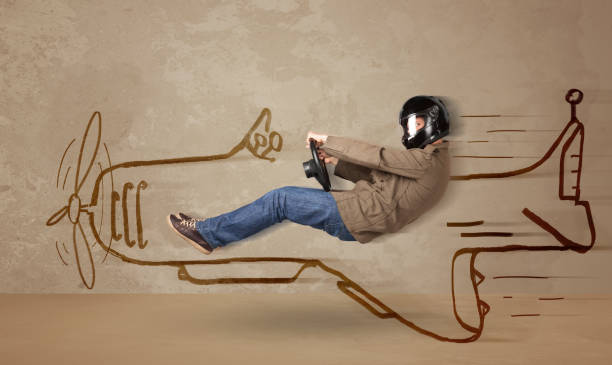 istock Funny pilot driving a hand drawn airplane on the wall 1138833211