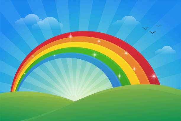 ilustraciones, imágenes clip art, dibujos animados e iconos de stock de prado y la luz del cielo en la mañana con un hermoso arco iris. - spring grass cloud butterfly