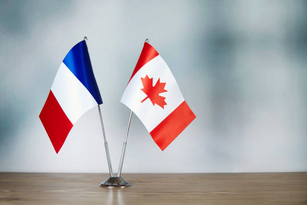 istock French and Canadian flag standing on the table 1138833534