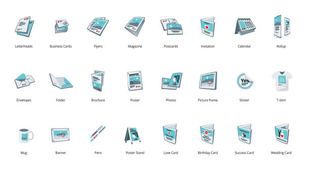 Set of printout promotion advertising materials brochure, card, flyer, magazine, poster, banner. Set of vector printout icons. Brochure, business card, flyer, magazine, postcard, poster, banner, rollup, sticker, mug, folder, other printing shop products. Promotion print advertising materials. roll up banner photos stock illustrations