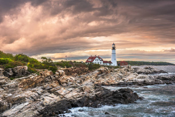 Portland Head Light Cape Elizabeth, Maine, USA at Portland Head Light. lighthouse lighting equipment reflection rock stock pictures, royalty-free photos & images