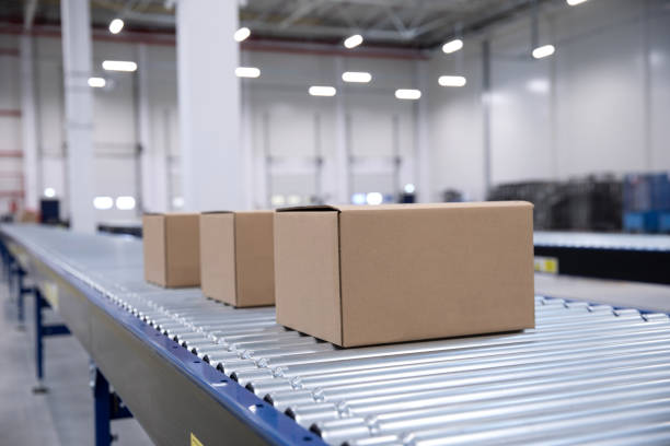 istock Packed courier on production line against cardboard boxes in warehouse. 1138839340