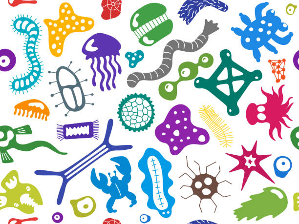 Various microorganisms seamless pattern. Backdrop with infectious germs, protists, microbes, disease causing bacteria, viruses. Biodiversity plankton. Colorful vector illustration Various microorganisms seamless pattern. Backdrop with infectious germs, protists, microbes, disease causing bacteria, viruses. Biodiversity plankton. Colorful vector illustration for wallpaper aquarium water test stock illustrations