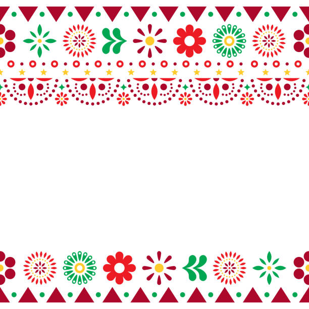 Mexican vector greeting card on invitaitons wtih flowers and abstract shapes on white Folk art repetitive decoration, floral retro design form Mexico in red, orange and green on white latin american and hispanic ethnicity stock illustrations