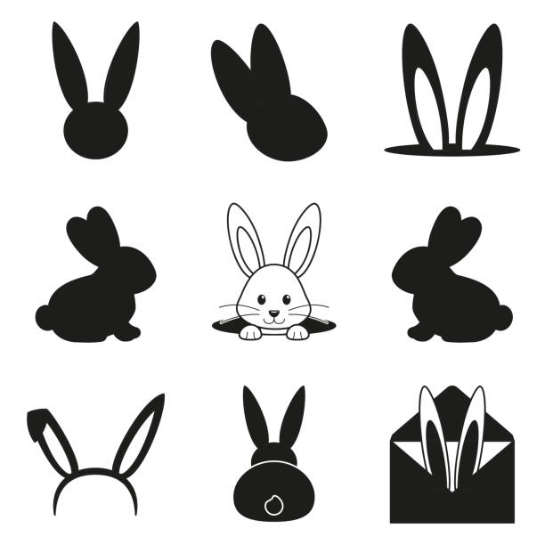 Black and white easter bunny silhouette set Black and white easter bunny silhouette set. Various rabbit symbols. Spring themed vector illustration for stamp, label, certificate, brochure, gift card, poster, coupon or banner decoration silhouette of a black and white rabbit stock illustrations