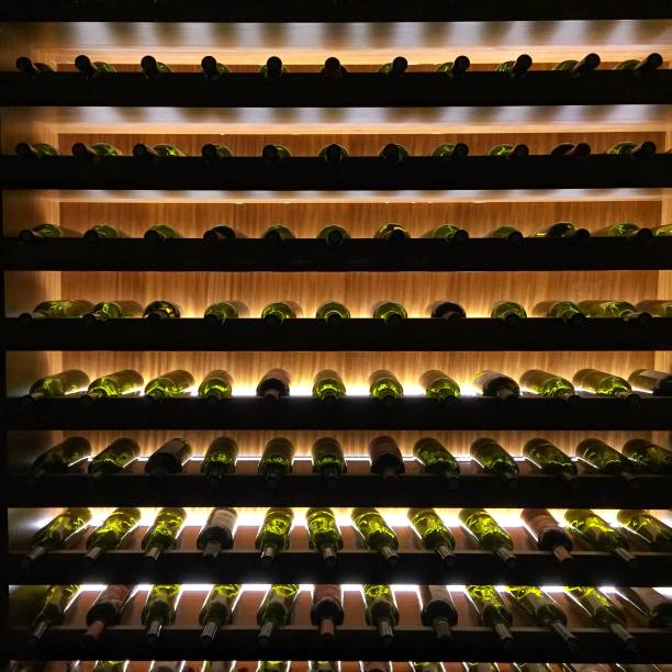bottles on wine shelves