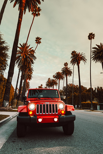 Los Angeles, California, United States - March 10, 2019: Photo of a Jeep Wrangler Sahara 2019 edition parked on Beverly Drive in Los Angeles. Beverly Drive is situated in Beverly Hills, one of the most rich district of Los Angeles. This is the new wild offroad vehicle by Jeep.