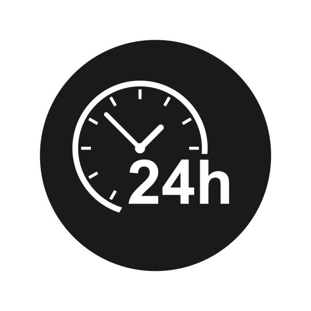 illustrations, cliparts, dessins animés et icônes de 24 heures horloge icône plat noir rond bouton vecteur illustration - overnight delivery illustrations