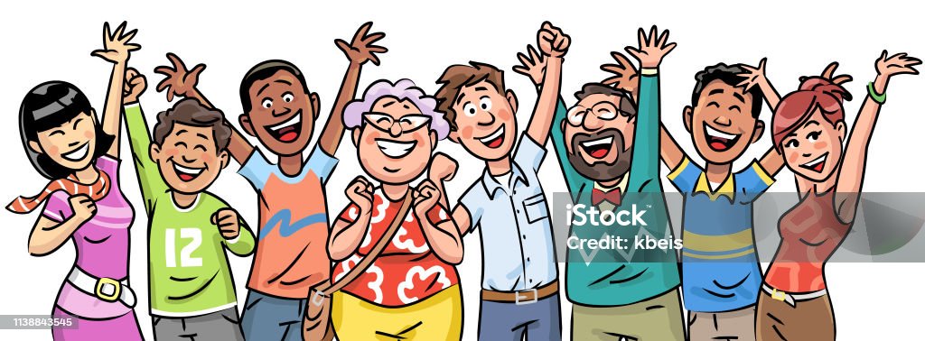 Cheering Group Of People Vector illustration of a large diverse group of people of all ages, cheering, laughing and raising their hands. Concept for joy, vitality, diversity, party, celebration and society. Applauding stock vector