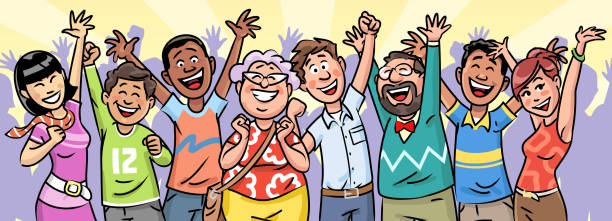 Large Group Of People Celebrating Vector illustration of a large diverse group of people of all ages, cheering, laughing and raising their hands. Concept for joy, vitality, diversity, party, celebration and society. caricature stock illustrations