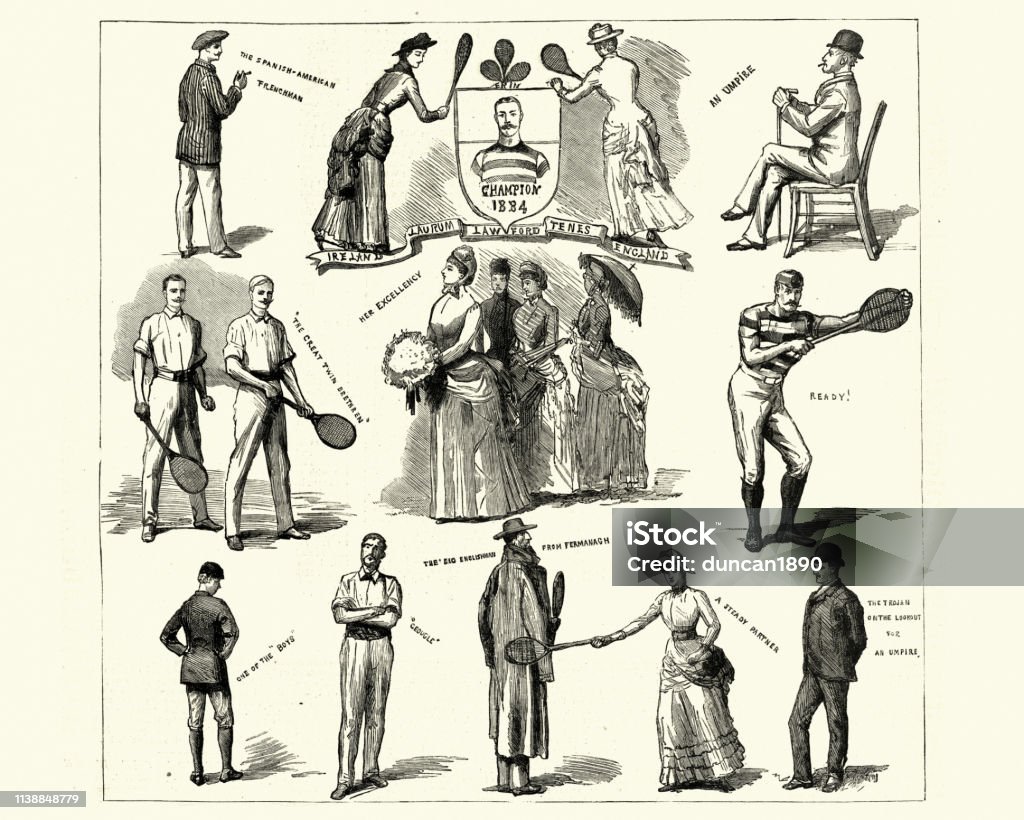 Lawn tennis meeting for the championship of Ireland at Dublin Vintage engraving of Sketches from the lawn tennis meeting for the championship of Ireland at Dublin, 1884, 19th Century. Old stock illustration