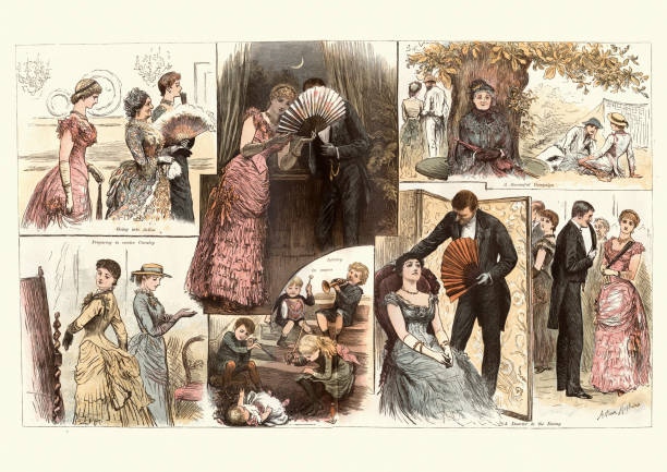 viktorianische karikatur, the society war game, 1884, 19. jahrhundert - men romance high society upper class stock-grafiken, -clipart, -cartoons und -symbole