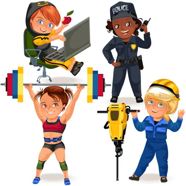 Vector illustration of Set of Not female professions, strong woman police officer and builder in uniform , safety secutiry girl police officer, feminists workers programming code, power lifting vector illustration