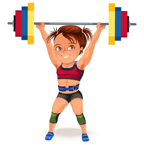 Vector illustration of Not female professions, Strong muscular woman Weightlifting in sprt sports suit bikini and bra lifting barbell, a strong girl works hard vector illustration on white background