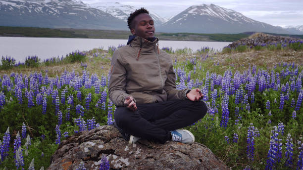istock Meditating on a meadow full of blooming lupines 1138851002