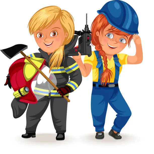 Vector illustration of Not female professions, Strong woman heavy professions builders constructor, worker in uniform with helmet ax his arms , hard working girl, feminists worker vector illustration