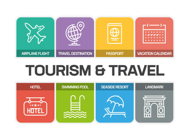TOURISM AND TRAVEL LINE ICONS TOURISM AND TRAVEL LINE ICONS cruise ship cruise passport map stock illustrations