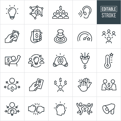 A set crowdfunding icons that include editable strokes or outlines using the EPS vector file. The icons include idea conception, funding using an internet platform, groups of people contributing money, goals in achieving the needed funding, entrepreneurs receiving funds for their projects and other related concepts.