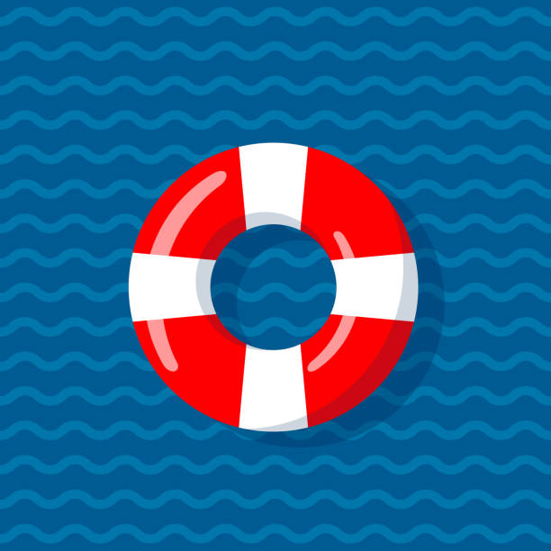 Life buoy on the wavy lines background Life buoy on the wavy lines background. Floating device for shipwreck survivals. Vector illustration in flat style. sinking boat stock illustrations