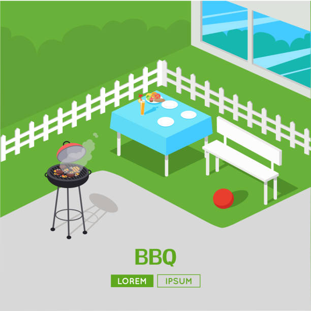 dom backyard grill. bbq party ilustracja izometryczna. - grilled tablecloth kitchen utensil summer stock illustrations