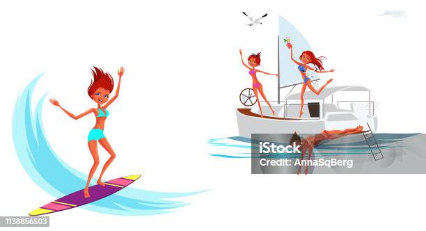 Cartoon Set Of Girl Surfing And Smiling Stock Illustration - Download Image Now - Adult, Adventure, Beach