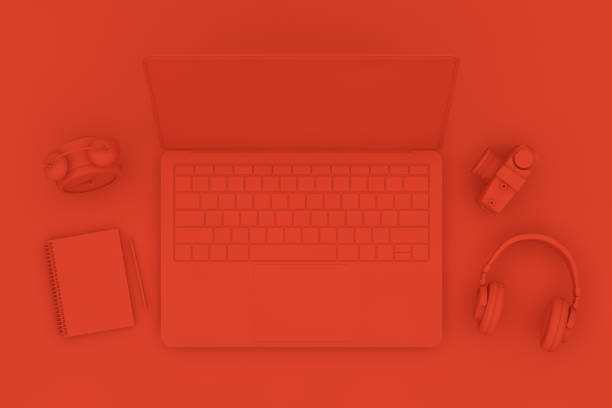istock Top view desktop with Laptop, Minimal technology idea concept. 1138857183