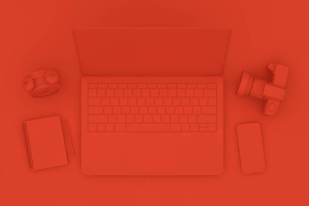 istock Top view desktop with Laptop, Minimal technology idea concept. 1138857331