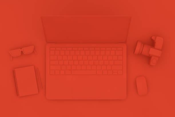istock Top view desktop with Laptop, Minimal technology idea concept. 1138857660