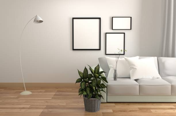 istock White Living Room Interior - White sofa and lamp - Empty white wall on Wooden floor. 3D rendering 1138857739
