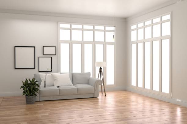 istock White Living Room Interior - White sofa and lamp - Empty white wall on Wooden floor. 3D rendering 1138857760