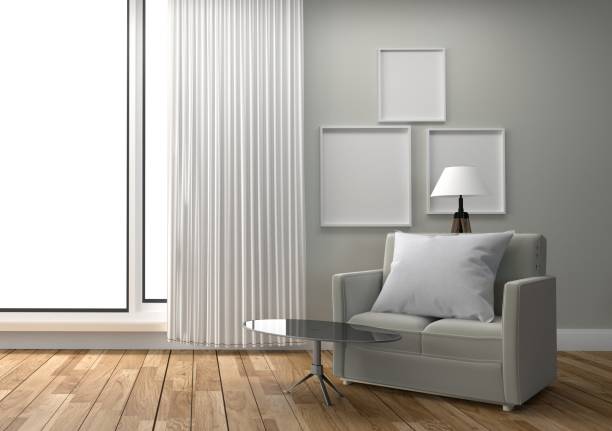 istock White Living Room Interior - White sofa and lamp - Empty white wall on Wooden floor. 3D rendering 1138857779