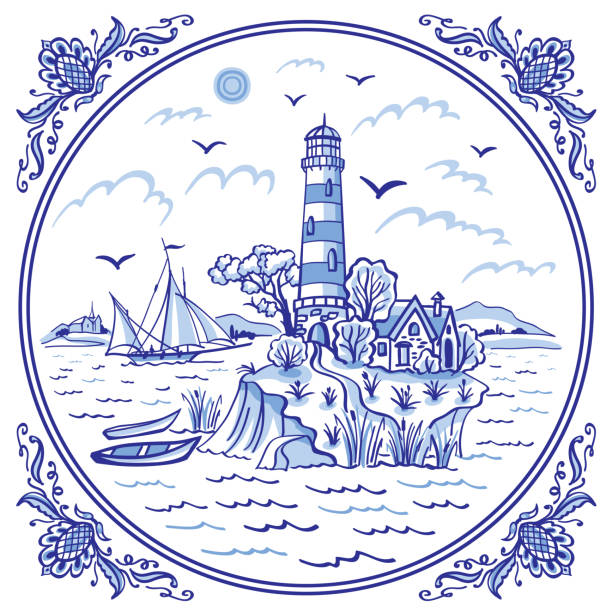 illustrations, cliparts, dessins animés et icônes de paysage avec un phare. bateau et bateaux, peinture de cobalt - sea storm lighthouse rough