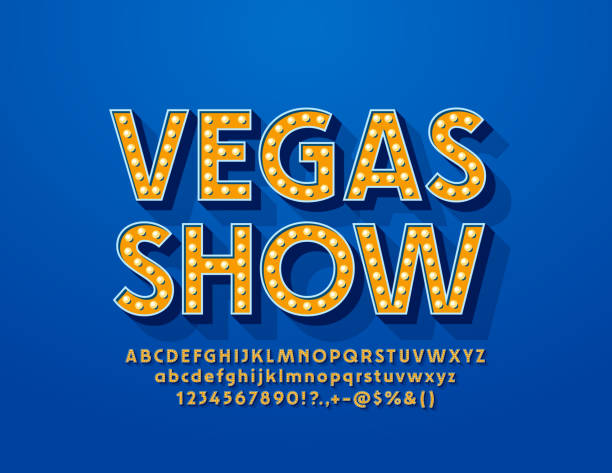 Vector glowing emblem Vegas Show. Illuminated Alphabet Letters, Numbers and Symbols Font with Lamps las vegas stock illustrations