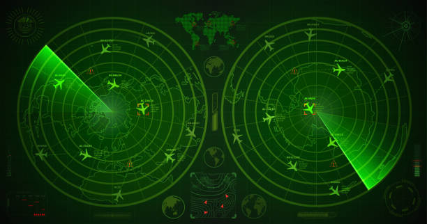 istock Detailed military radar with two green displays with with planes traces and target signs 1138859231