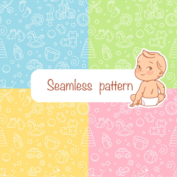 Seamless pattern. Baby objects Endless background with baby stuff. Background for web site, blog. Toys, clothes, icons, symbols of childhood and maternity. Vector illustration. snake and girl drawing stock illustrations