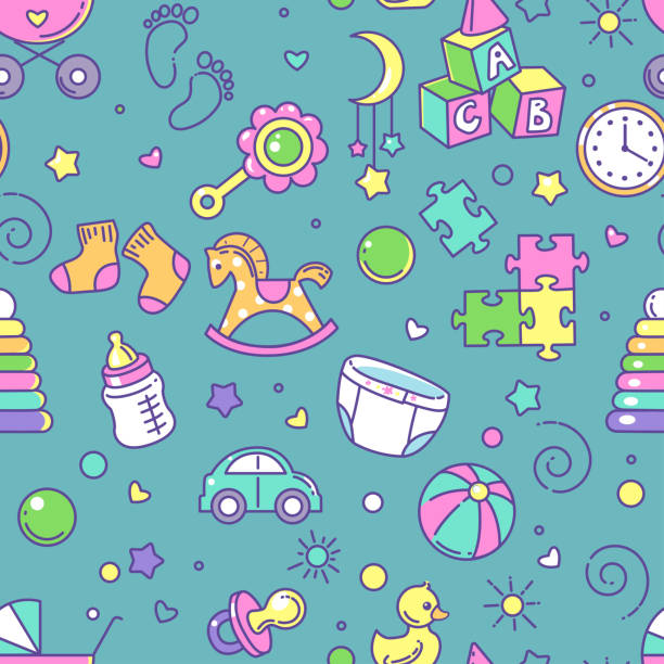 Seamless pattern. Baby objects Endless background with baby stuff. Background for web site, blog. Toys, clothes, icons, symbols of childhood and maternity. Vector illustration. baby play stock illustrations