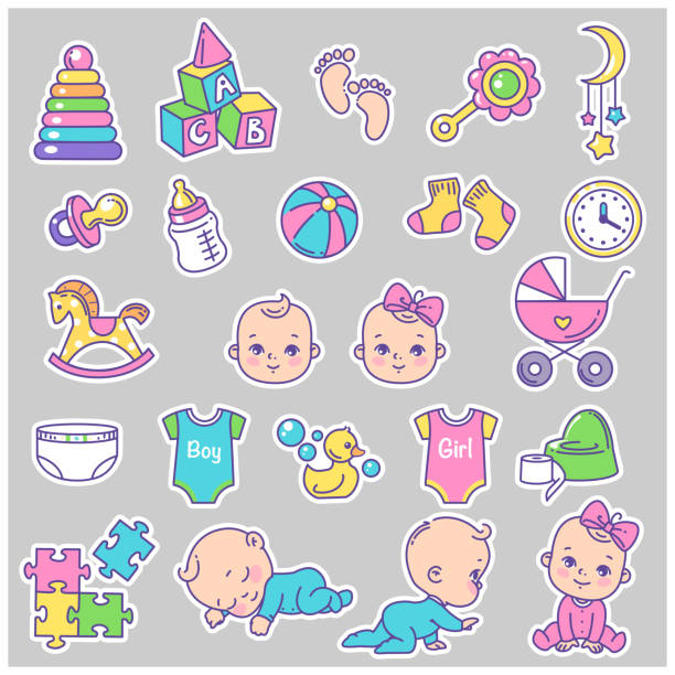 Vector collection of baby icons, stickers. Little baby girl and boy. Toys, stroller, potty, clothes, bottle. Child health and development icons for website, blog, package. Vector color illustration. piccolo stock illustrations