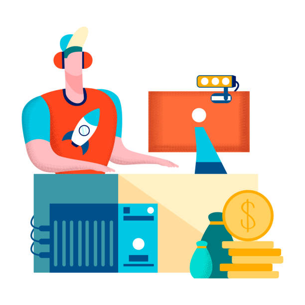 Gamer, Videogame Streamer Flat Vector Illustration Gamer, Videogame Streamer Flat Vector Illustration. Teenager in Headphones Playing Computer Game Cartoon Character. Professional Internet Livestreamer. Gaming Blog Isolated Design Element clip art of a teen webcam stock illustrations