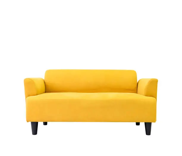 Photo of Yellow modern comfortable sofa in living room apartment with white wall.Furniture decorate design at home isolated on white .Di cut and clipping path
