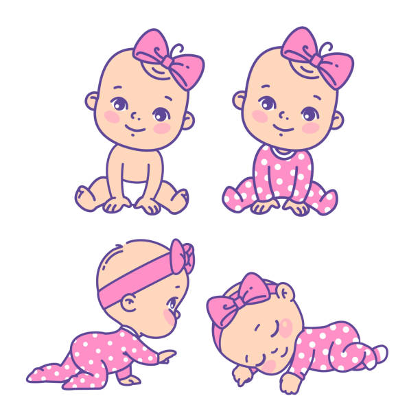 Cute little girl icon set. Collection of vector stickers of little baby girl in pink pajamas, bow, diaper. Child sleeping, sitting, crawling. Emblem of kid health. Vector color illustration. baby girls stock illustrations