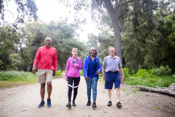 istock Senior Friends Walking on Forest Trail 1138861924