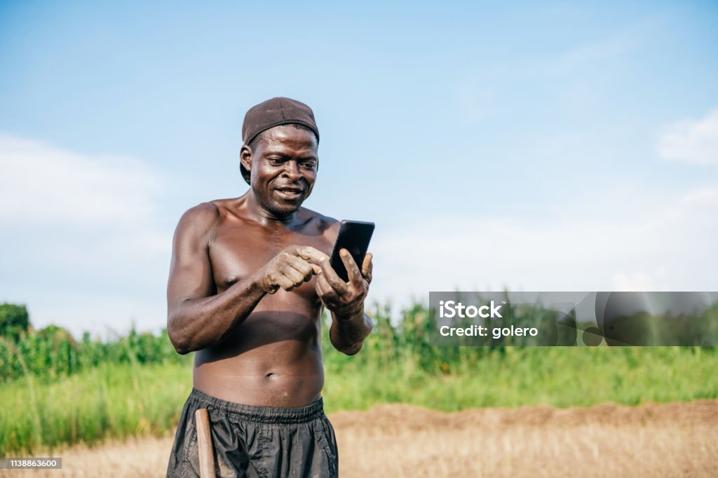 african farmer looking on mobile at field african mid-adult farmer looking on mobile at field  in Malawi Africa Stock Photo