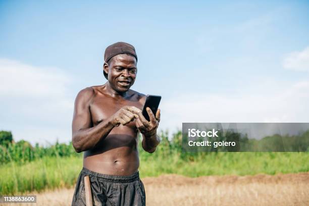 African Farmer Looking On Mobile At Field Stock Photo - Download Image Now - Africa, African Ethnicity, Farmer